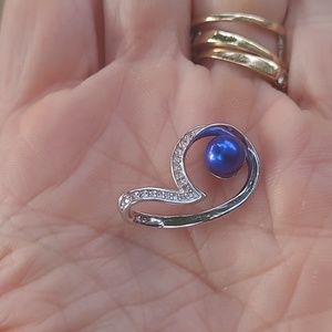 Silver Blue Faux Pearl & CZ Pendant Marked S925